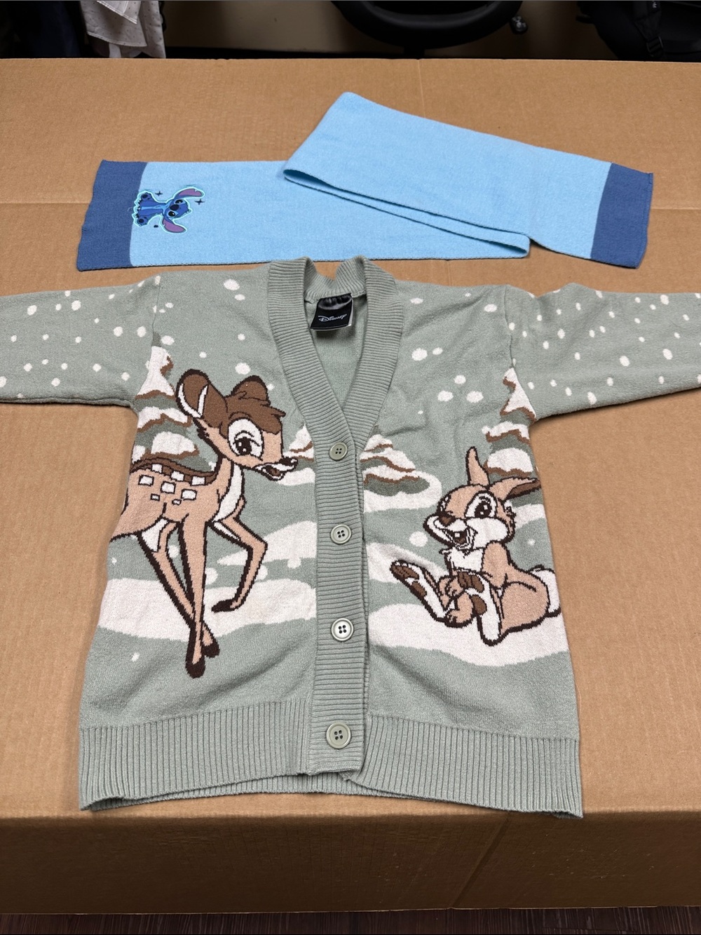 #144, Girl Size S, Both Disney Sage Green Bambi Knit Cardigan w/Forest Friends